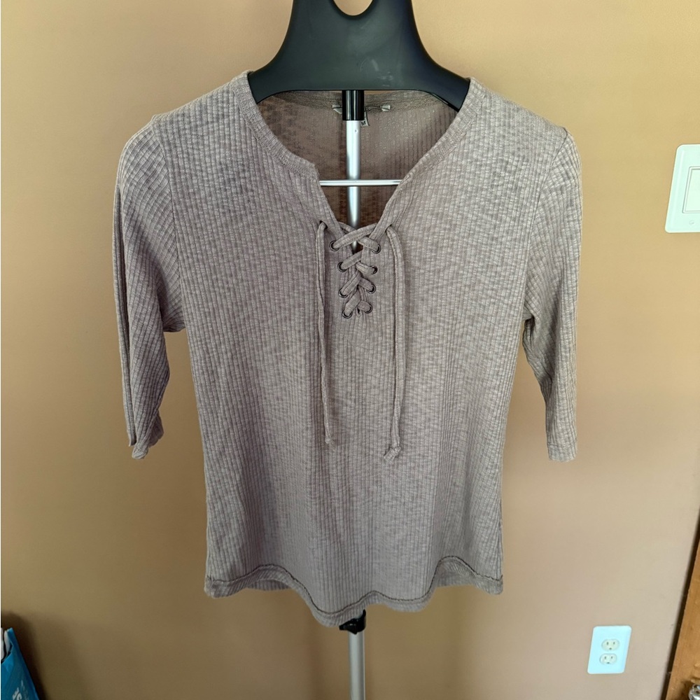 BKE Taupe Lace-Up Ribbed Blouse